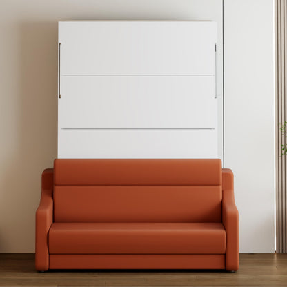 FAVSH Full Size Murphy Bed Cabinet with Loveseat Sofa, White Hidden Beds,Wall Bedframe w/Orange Couch for Bedroom,Space-Saving, Noise Free