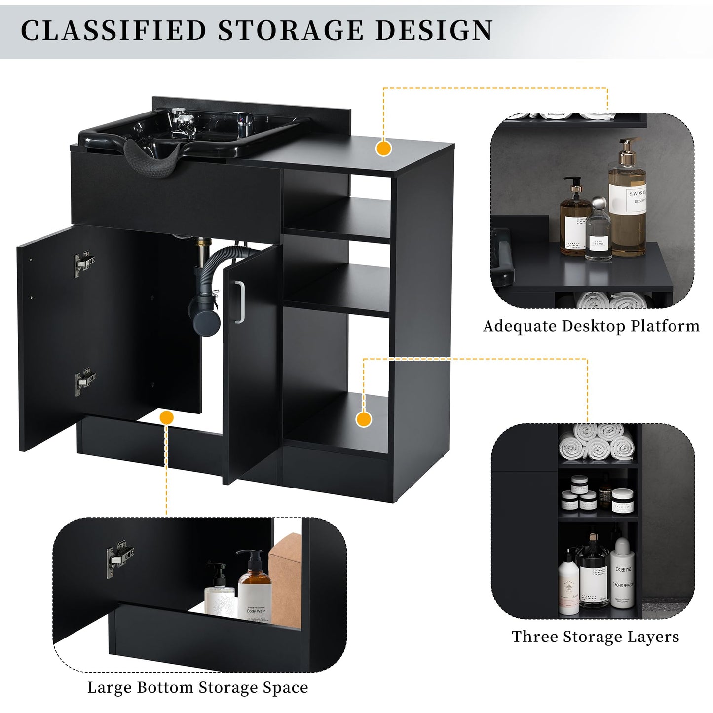 Salon Station,Shampoo Backwash Station for Salons with Shampoo Bowl & Storage Layer,Salon Equipment for Spa Beauty, Black Color