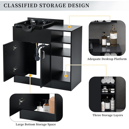 Salon Station,Shampoo Backwash Station for Salons with Shampoo Bowl & Storage Layer,Salon Equipment for Spa Beauty, Black Color