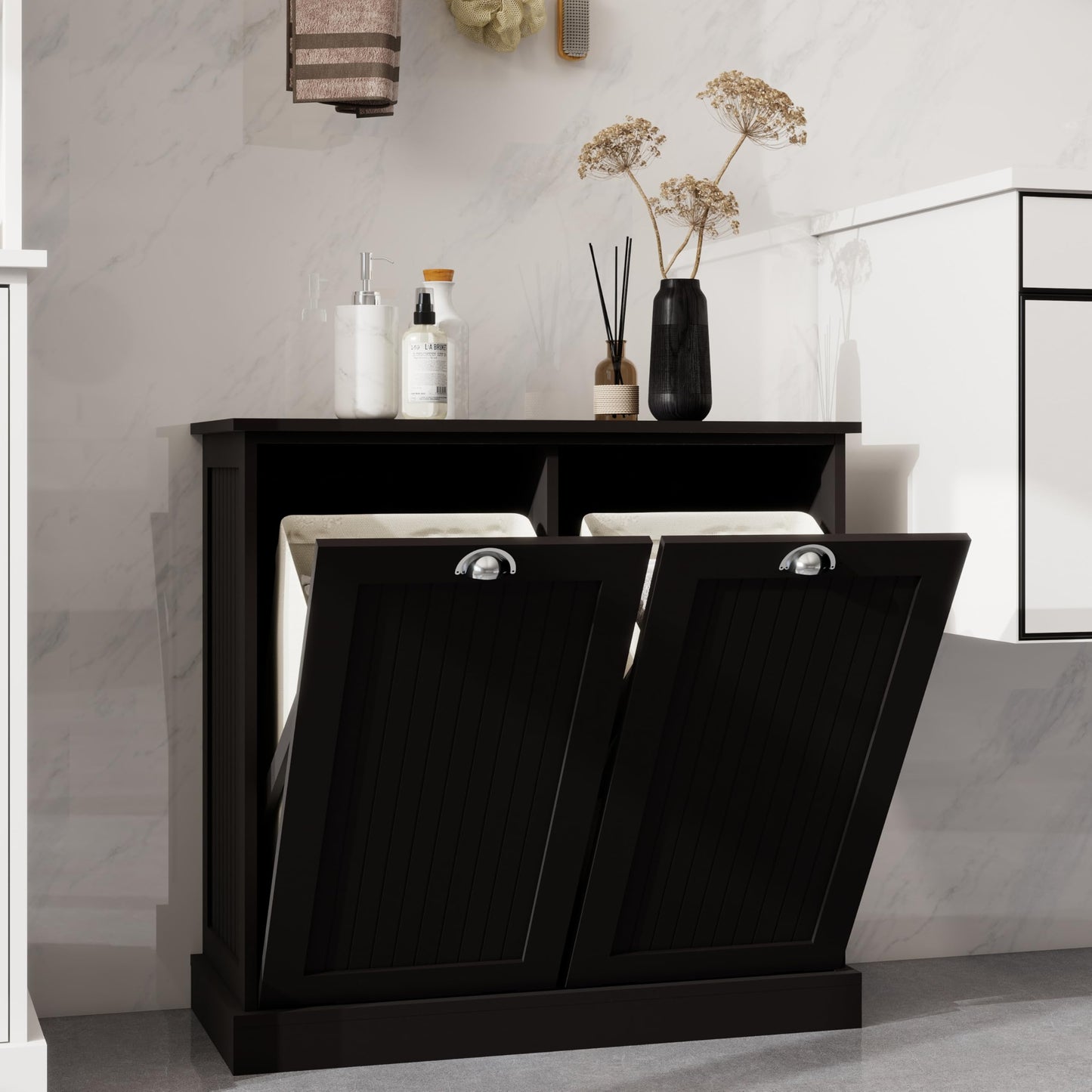 Two Compartment Tilt Out Laundry Sorter Cabinet Black