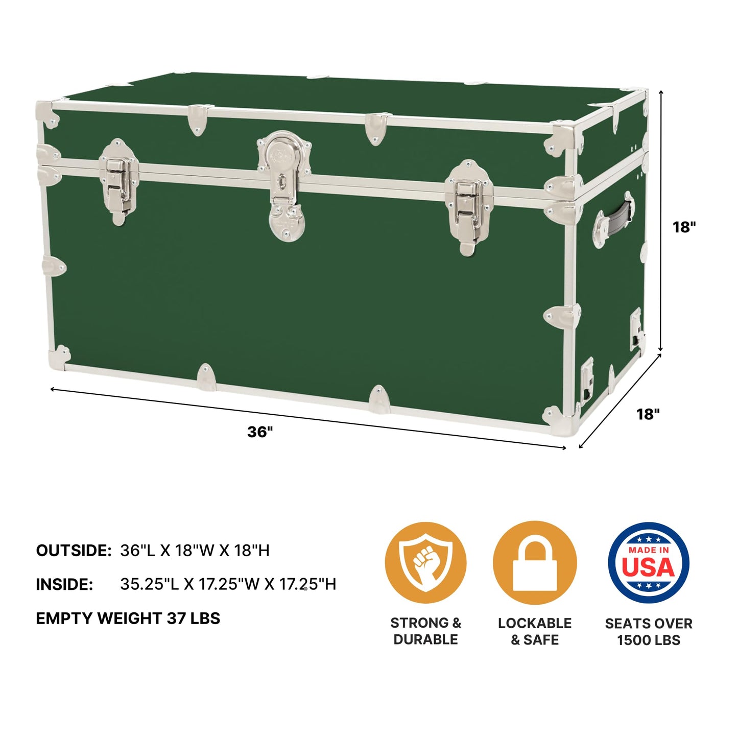 Rhino Trunk & Case Classic XXL Home Storage & College Trunk With Wheels - 36”x18”x18”, Seats 1500+ lbs, Soft-Close Lid. USA Made Secure Dorm Furniture, Organization, Steamer Style Blanket Chest