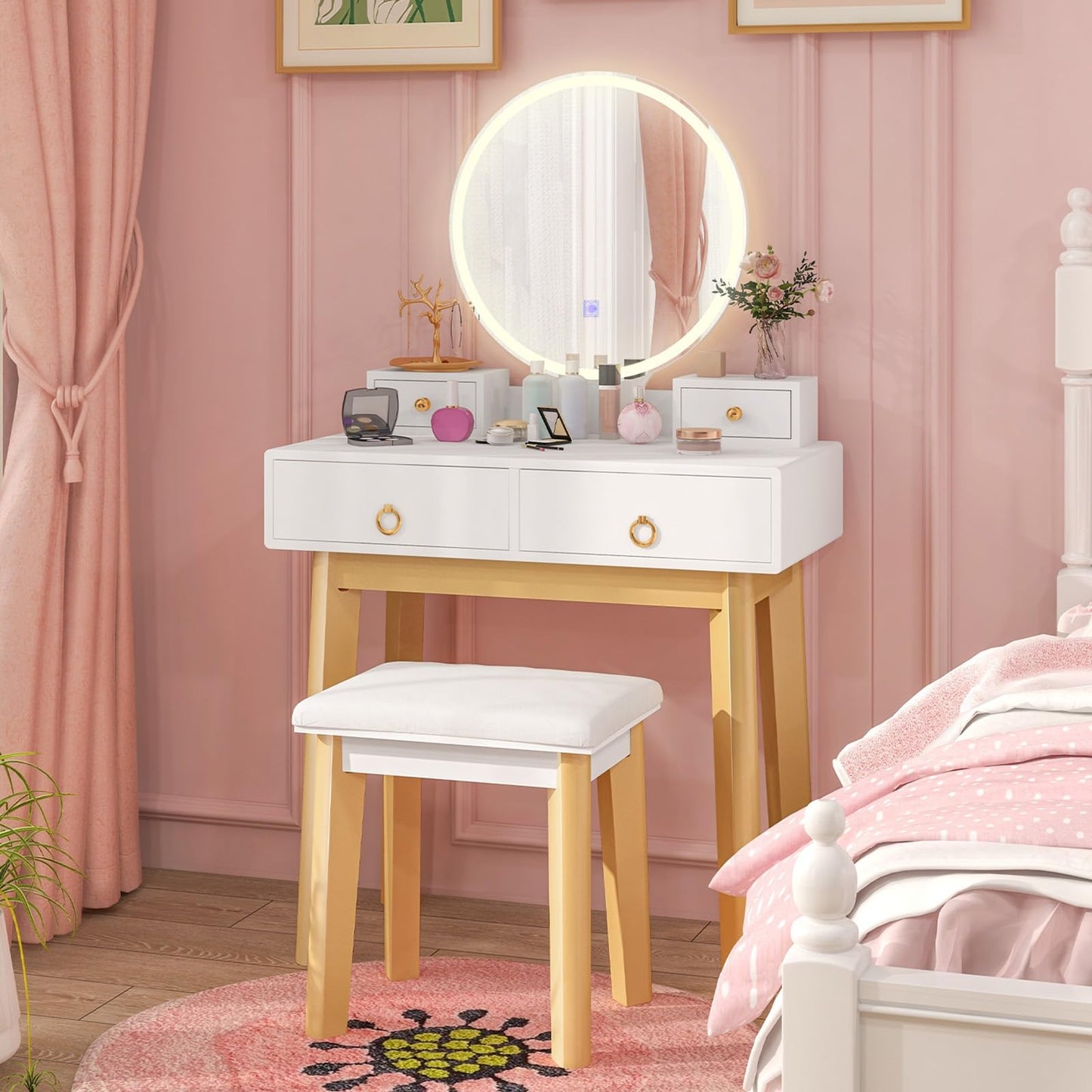 CHARMAID Vanity Desk with Mirror and Lights, White Makeup Vanity Desk with 4 Drawers, 3 Color Lighting Modes, Adjustable Brightness, Modern Dressing Table with Vanity Stool for Girls Small Bedroom