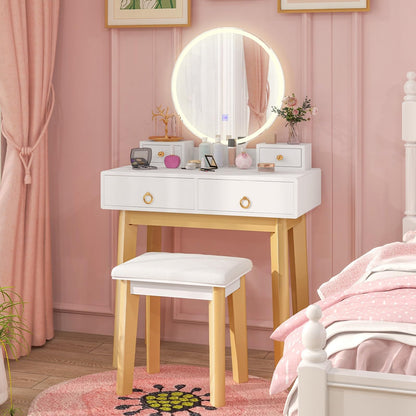 CHARMAID Vanity Desk with Mirror and Lights, White Makeup Vanity Desk with 4 Drawers, 3 Color Lighting Modes, Adjustable Brightness, Modern Dressing Table with Vanity Stool for Girls Small Bedroom