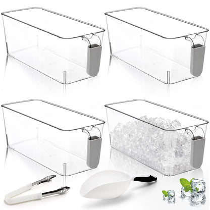 Pumtus 4 Pack Clear Ice Bins for Freezer, Plastic Ice Bucket with Flexible Scoop & Ice Tong, Pull Out Handle Ice Container, Kitchen Food Storage Organizer, Pantry Canister for Wine Beverage Fruit
