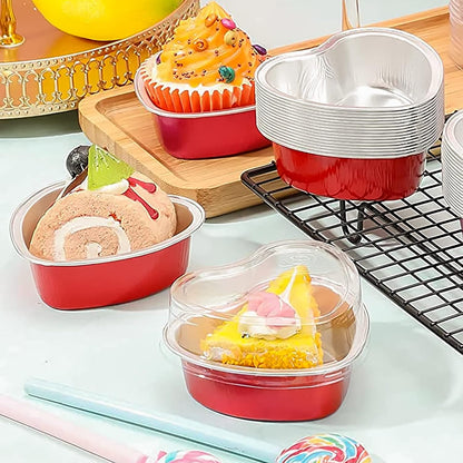 Heart Shaped Cake Pans for Baking, BLVRYVIO 50 Sets Aluminum Cupcake Cups with Lids, Red