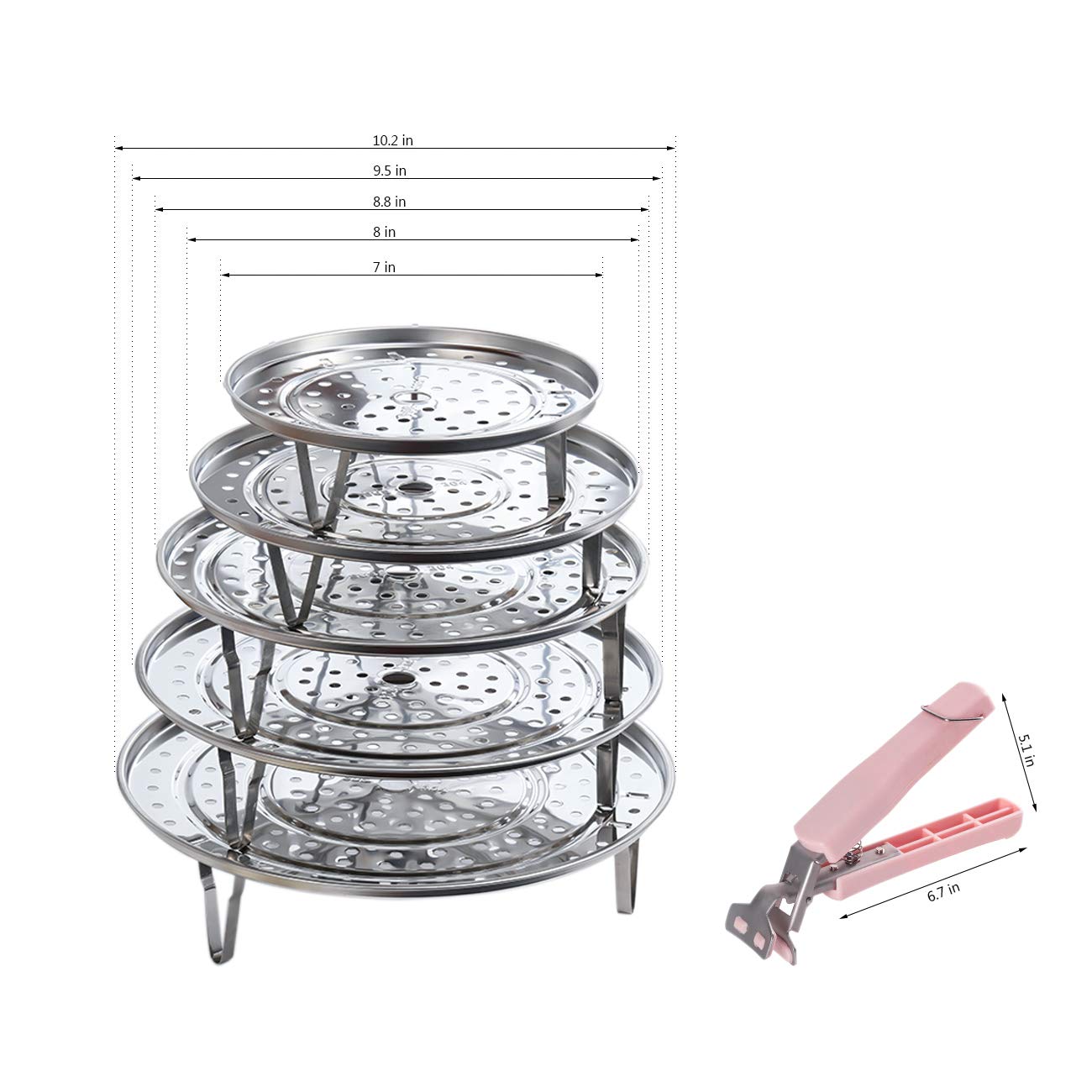 5 Pack Stainless Steel Cooking Steamer Rack with Detachable Legs for Baking Cooking, Steaming (7" 8" 8.8" 9.5" 10.2'')
