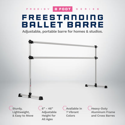 VITA Barre Portable Freestanding Double Ballet Barre, Prodigy, 8 Ft Bars, Satin Silver | Adjustable Height, USA Made, Home or Gym Exercise Equipment for Kids & Adults | Dance, Fitness, Pilates