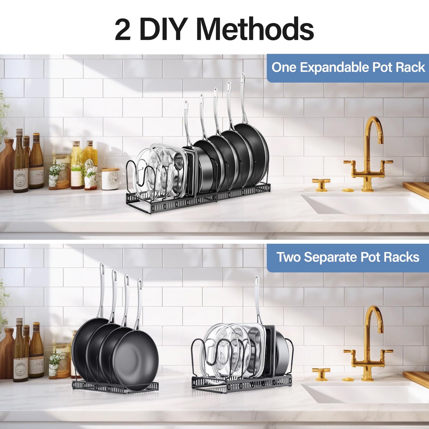 ORDORA Pots and Pans Organizer under Cabinet with Pot Lid Organizer, Expandable Rack for Pan and Pot Organizers Inside Cabinet, 12"-23" Adjustable with 10 Dividers for Kitchen Organization, Black