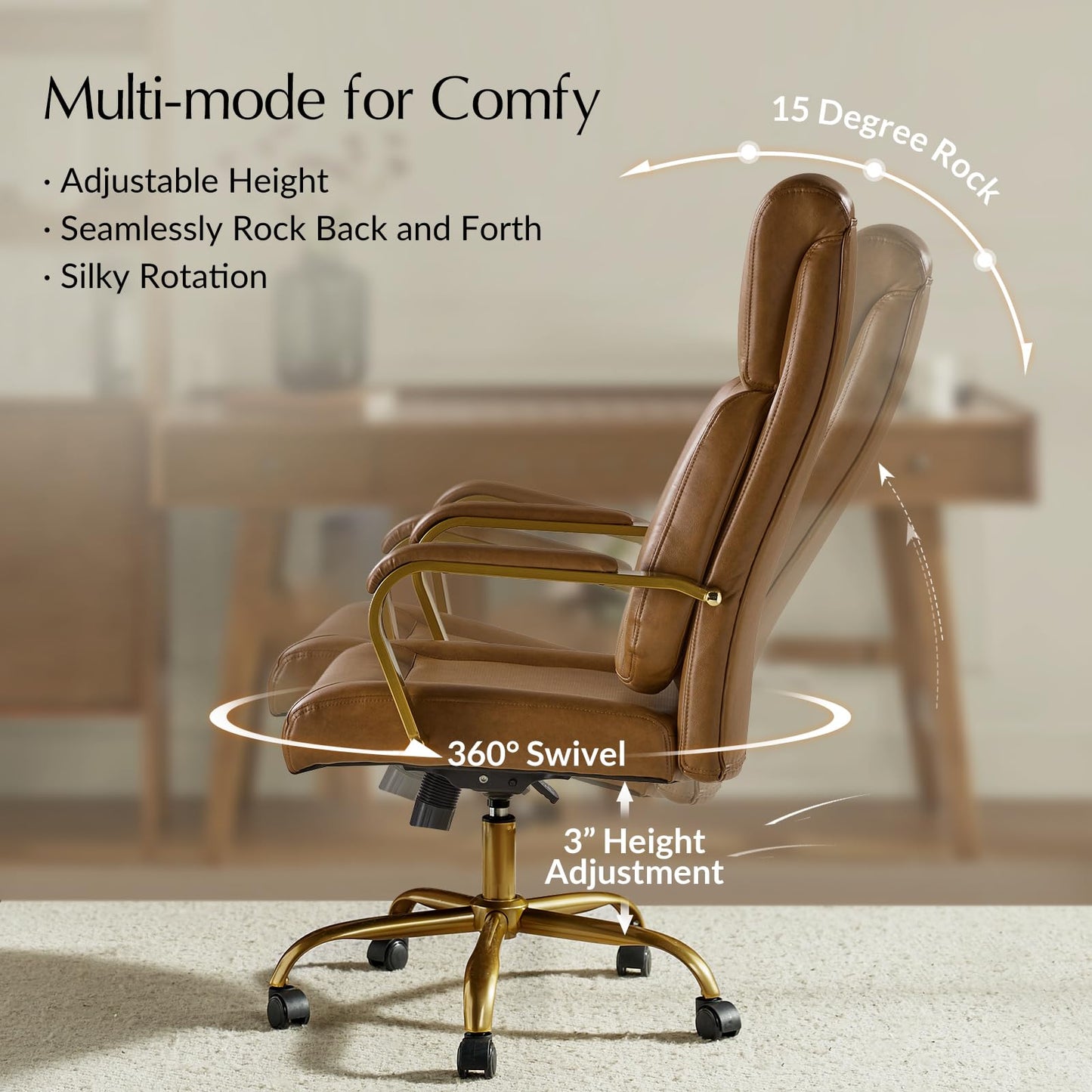 HULALA HOME Executive Office Chair, Adjustable Airbag Lumbar Support, Modern Leather Ergonomic Office Chair with Padded Armrests, Tilting & Swivel, Camel and Gold