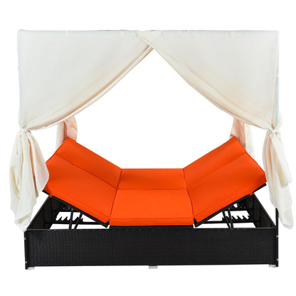roomfitters Luxury Cabana Vibrant Orange Outdoor Double Chaise Lounge Patio Daybed with Privacy Curtains and Adjustable Reclining Backrest