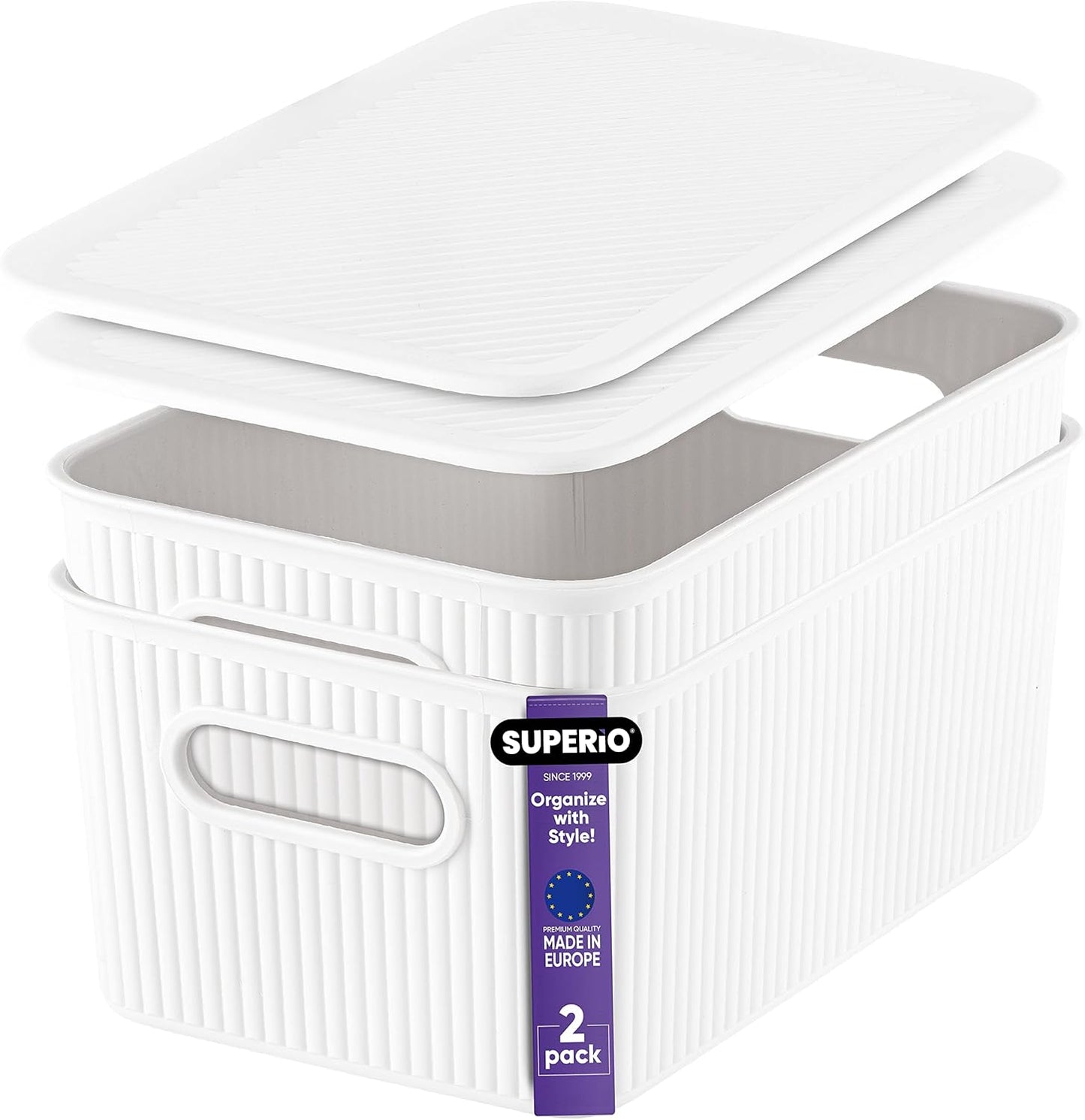 Superio Ribbed Collection - Decorative Plastic Lidded Home Storage Bins, Medium White (2 Pack)
