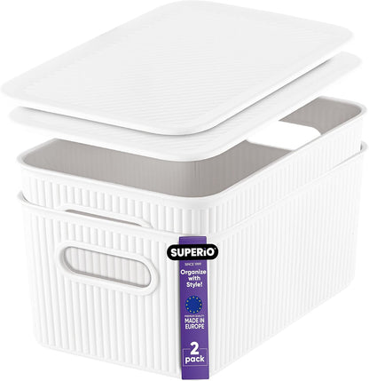 Superio Ribbed Collection - Decorative Plastic Lidded Home Storage Bins, Medium White (2 Pack)