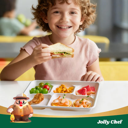 JOLLY CHEF Compostable 𝟱 Compartment Paper Plates 10*8.25*1 𝗶𝗻𝗰𝗵 [𝟭𝟮𝟱 𝗣𝗮𝗰𝗸] Small Heavy Duty Divided Disposable White Eco-Friendly Biodegradable Food Tray for School Lunch Dinner Christmas