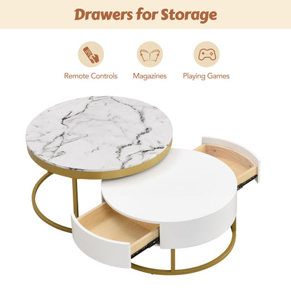 Merax 2-Piece Round Nesting Coffee Table Set with 2 Large Drawers, Marble Finish Tops & Ample Hidden Storage, Space Saving Modern Accent End Tables for Living Room, Apartment, White+Golden