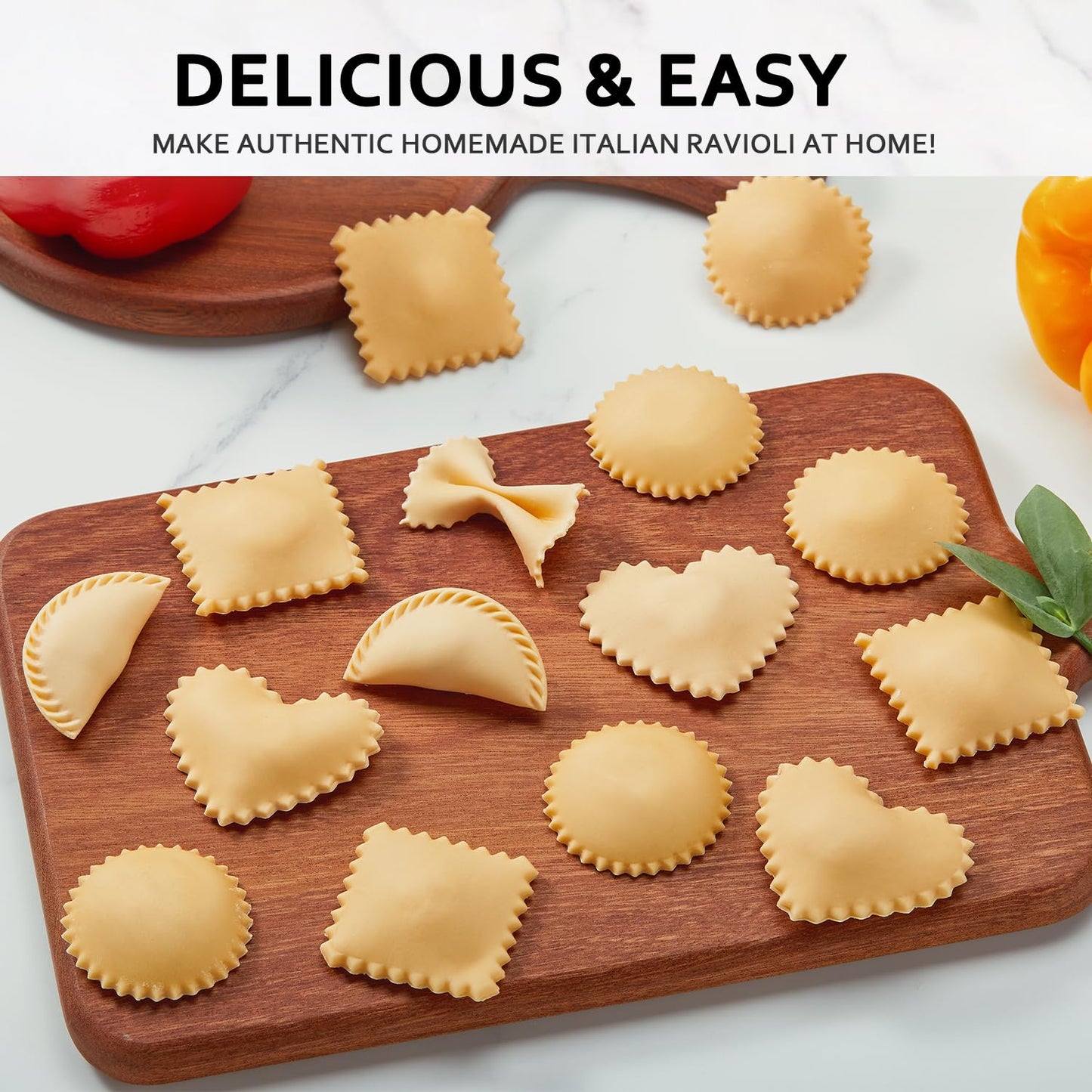 MUMSUNG Ravioli Maker Press, Ravioli Press Mold Set - Round, Heart, Square Ravioli Stamp Maker Cutter with Wood Rolling Pin, 2.6" Empanada Maker Press Kit and Ravioli Wheel 3 PCS