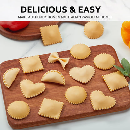 MUMSUNG Ravioli Maker Press, Ravioli Press Mold Set - Round, Heart, Square Ravioli Stamp Maker Cutter with Wood Rolling Pin, 2.6" Empanada Maker Press Kit and Ravioli Wheel 3 PCS