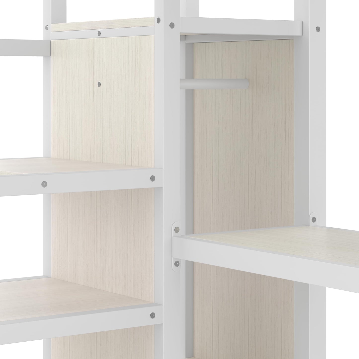 Bellemave Queen Loft Bed with Staircase and L Desk, Wardrobe, Metal Queen Loft Bed Frame for Adults, Kids, Teens, White Wood-Grain