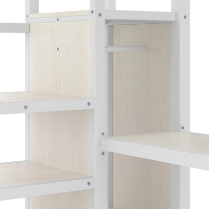 Bellemave Queen Loft Bed with Staircase and L Desk, Wardrobe, Metal Queen Loft Bed Frame for Adults, Kids, Teens, White Wood-Grain