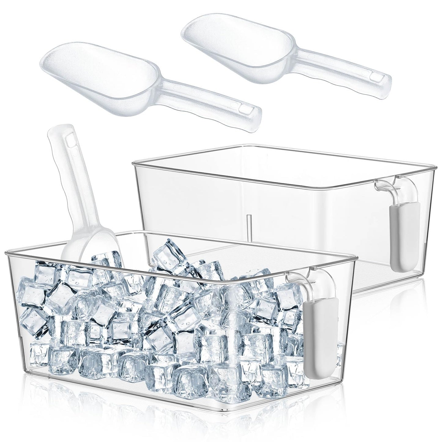 Havawish 2 Set Ice Storage Bin and Flexible Scoop Set Plastic Freezer Bin with Pull out Handle Storage Bucket Clear for Container with Scoop (gray, 10.83 x 7 x 4.33 in, Classic)