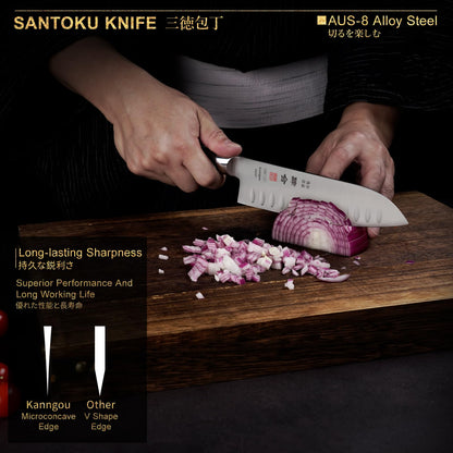 kanngou 7 Inch Santoku Knife, Japan AUS-8 Alloy Steel Japanese Knife with Full-Tang Black Pakkawood Handle, Vegetable Chopping Knife with Premium Gift Box (Classic Series)