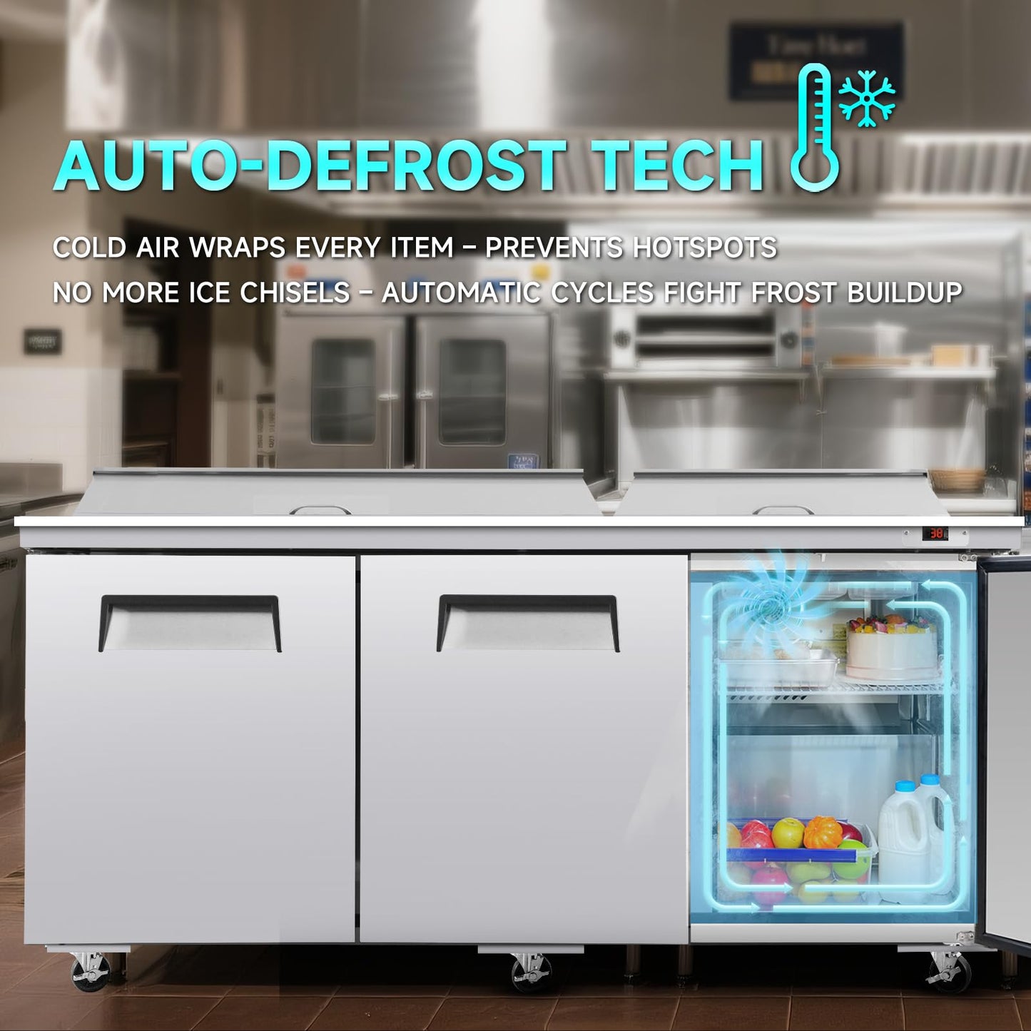 72"W Commercial Sandwich Prep Table Refrigerator - Stainless Steel Door with 30 Pans, 20 Cu.Ft Capacity, Auto Defrost, Digital Temperature Control for Restaurants, Delis, Catering & Convenience Stores