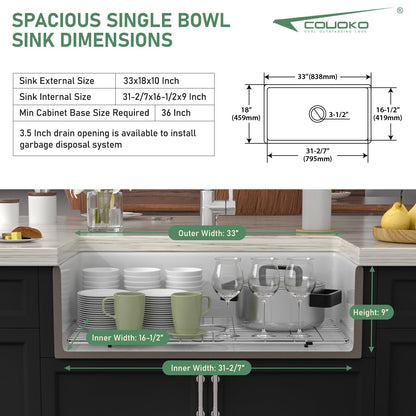 Couoko White Farmhouse Sink 33 Inch Fireclay Reversible Apron Front Farm Sink 33"x18"x10" Glossy White Porcelain Farms House Style Single Bowl Farmhoues kitchen Sinks with Luxury Accessories