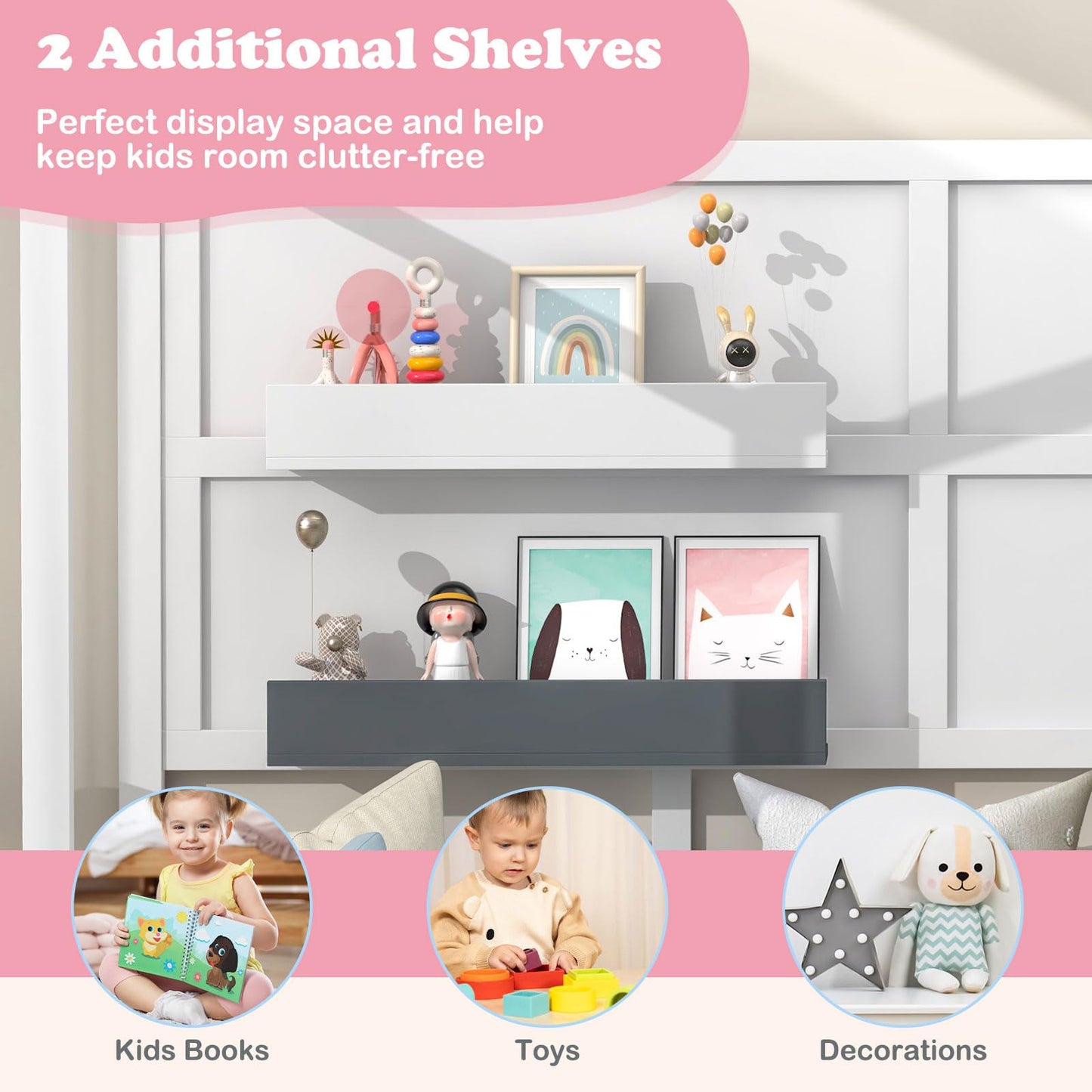 Giantex Twin House Bed, Solid Wood Montessori Bed Frame with 2 Storage Shelves, Fence & House Roof, Wood Slat Support, Low Twin Bed Frame for Kids Teens Girls Boys, No Box Spring Needed, White & Grey