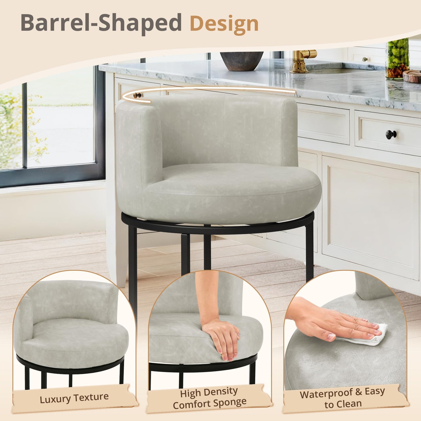 LUE BONA 26.8" Counter Height Bar Stools Set of 3, 180° Swivel Bar Stools, Modern Barrel Counter Stools with Metal Frame, Faux Leather Upholstered Barstools for Kitchen Island, Light Beige Gray