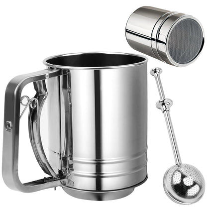 Flour Sifter Stainless Steel 3 Double Layer Fine Mesh Sifter Flour Strainer 3 in1 Sifters for Baking, Powdered Sugar Shaker Duster for Baking Cakes, Pastries, Pies, Cupcakes