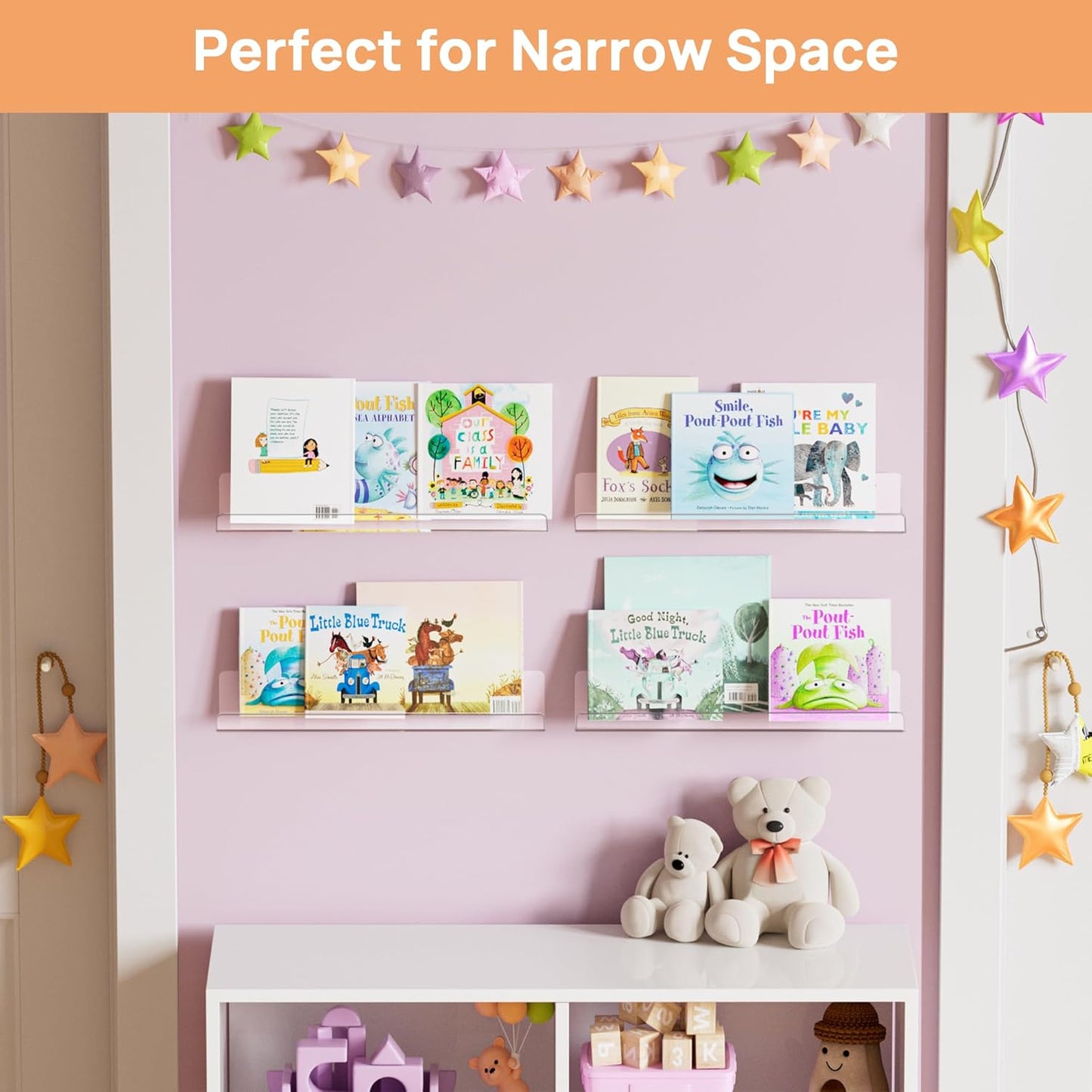 Upsimples Acrylic Floating Shelves - 15” Wall Organizer for Bathroom, Bedroom & Nursery | Clear 2-Pack