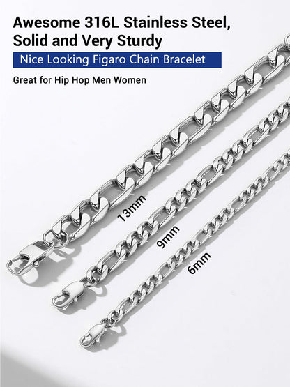 PROSTEEL Stainless Steel Figaro Link Chain Bracelet 6mm 7.5 Inch Men Jewelry