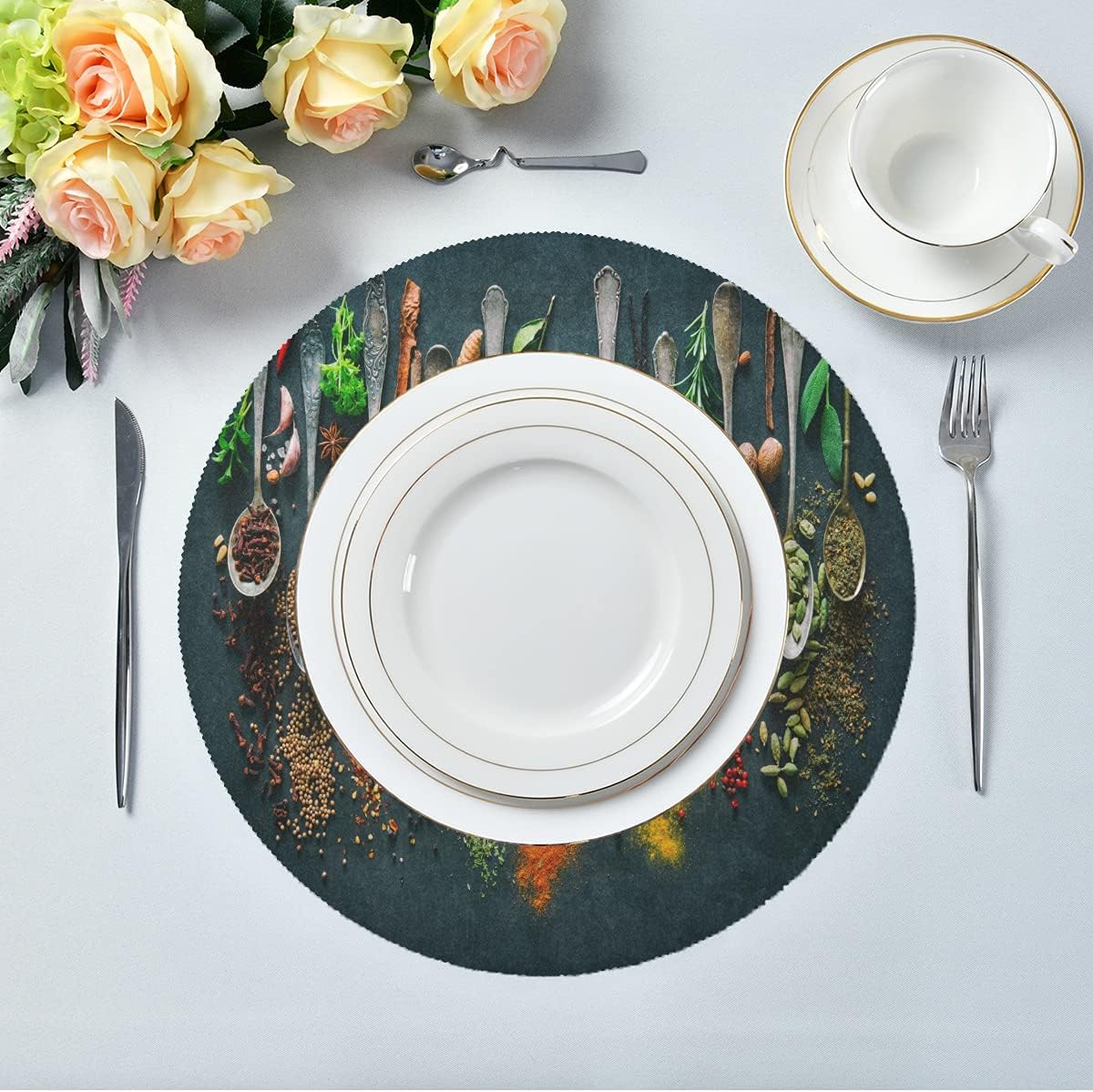 Autumn Herbs Spices Round Placemats Set for 4, Easy to Clean Table Mats for Kitchen Home Party Decor 15 inch