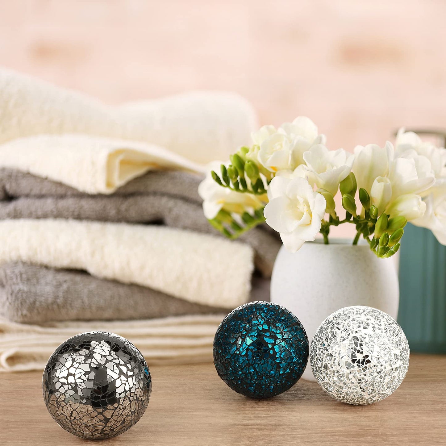 Cunhill 3 Pieces Decorative Glass Balls 3 Inch Mosaic Glass Orbs Sphere Centerpiece Balls Decorative for Bowls Vases Dining Tables Wedding Party (Silver,Turquoise,Black)
