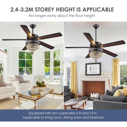 Asyko 62" Crystal Ceiling Fan Fandelier with Lights - Black Modern Crystal Chandelier Fans with Remote Control，Noiseless DC Motor, Retro/Farmhouse Lighting, Dining Room， Living Room