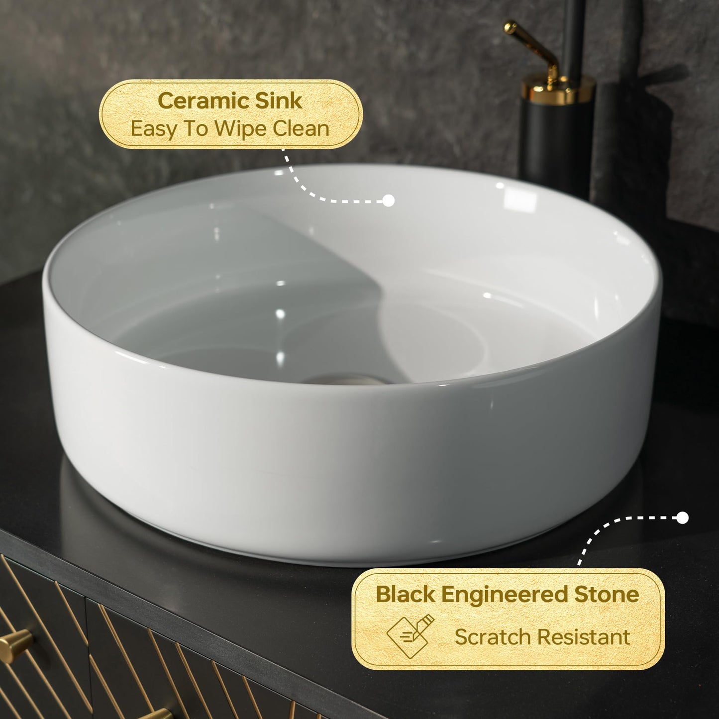 Woodbridge 60"X22" Wall Mounted Vanity with Double Ceramic Round Vessel Sinks,Black Engineered Stone Vanity Top,Floating Design with Hand-Painted Black & Gold Accents,Space-Saving for Modern Living