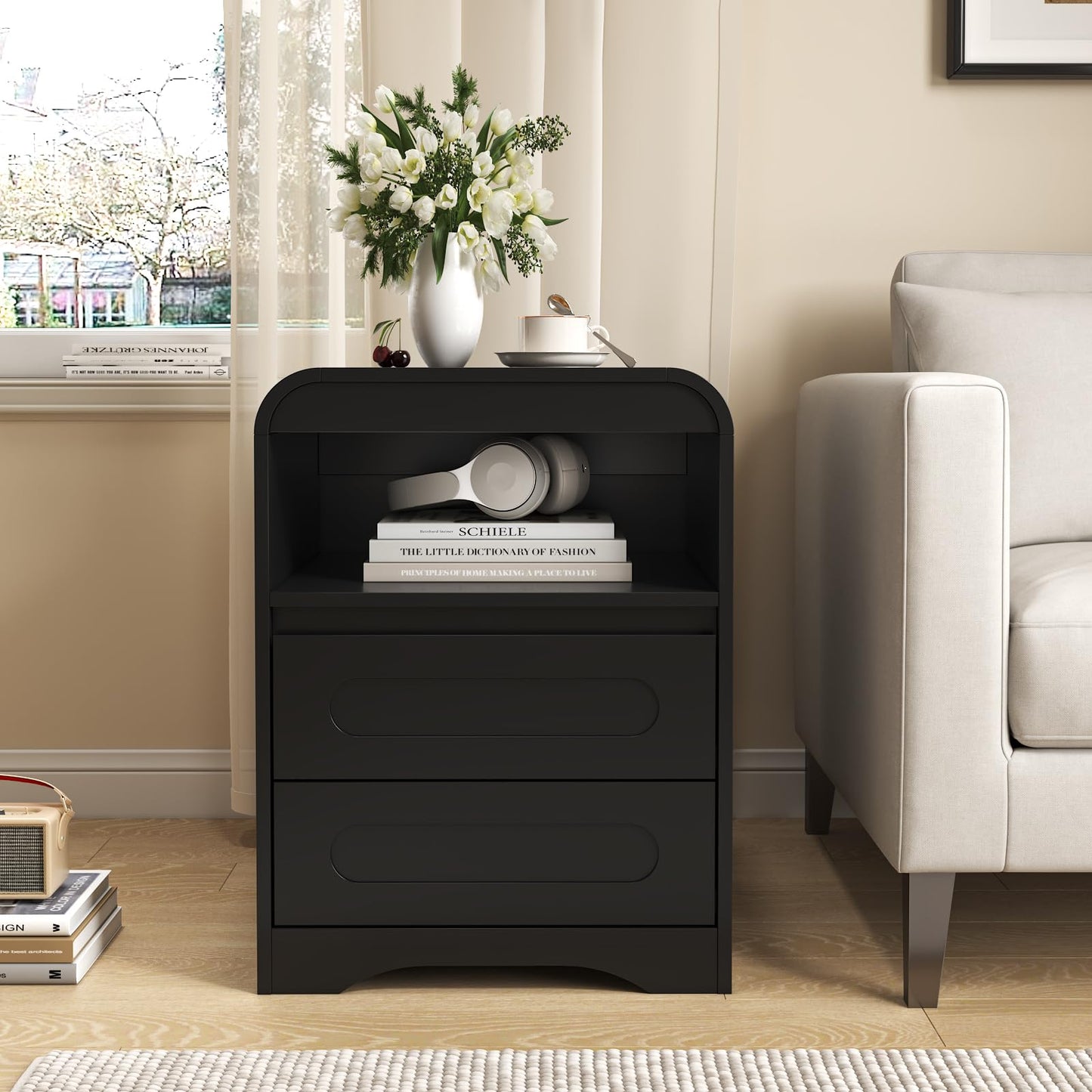 Night Stand Set of 2, 26" Tall Bedside Side Table with 2 Drawers and Open Storage, Curved Corners, Hidden Handle, Wood Nightstand, Modern Night Stands End Table for Sofa Couch (Black)
