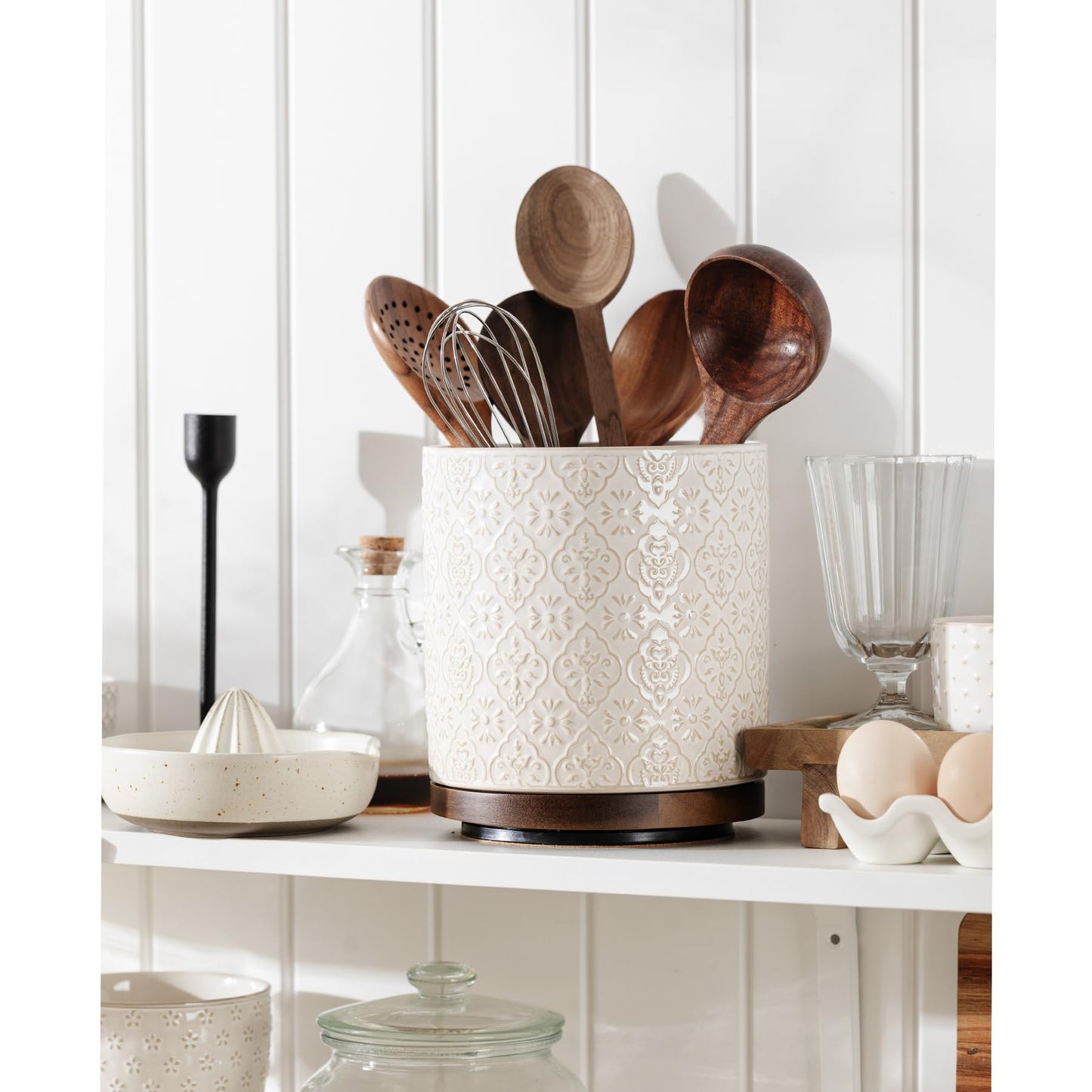 MIKIGEY Kitchen Utensil Holder, 360° Rotating Extra Large Ceramic Utensil Holder with Embossed Pattern, 7.3” Cooking Utensil Crocks for Kitchen Countertop, Home Decor, Off-White