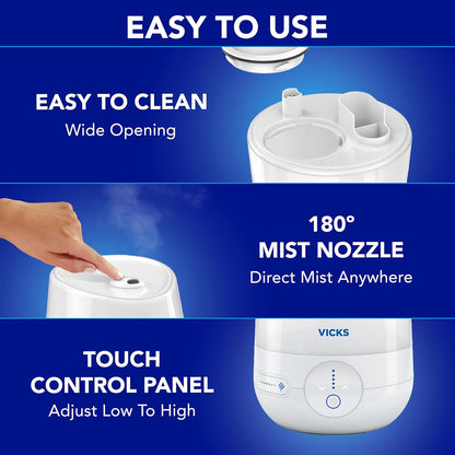 Vicks FilterFree Plus Cool Mist Plus Humidifier (VUL565), Medium Room –Filter-Free Cool Mist Humidifier for Baby, Kids and Adult Rooms, Works with Vicks VapoPads