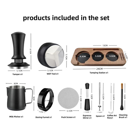 Midochin 10PCS Espresso Accessories Kit - 51mm Coffee Tamper Set, Wood espresso tamping station,Frothing Pitcher, WDT Tool, puck screen, spoon, Latte Art Pen, brush,puck screen, and coffee distributor
