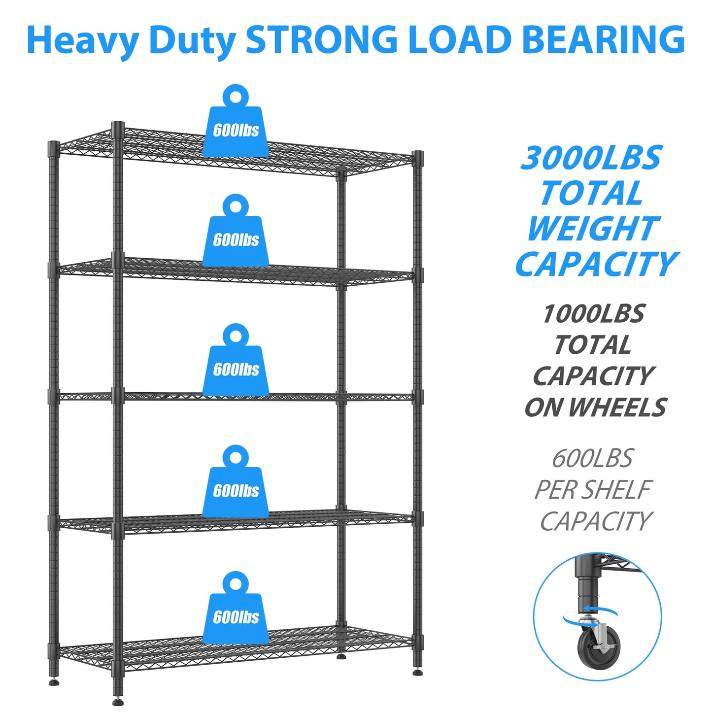 Homdox 5 Tier Storage Racks and Shelving, 24"x60"x82" Heavy Duty Metal Shelves for Storage, 3000LBS Commercial Adjustable Wire Shelving Unit on Wheels for Garage, Pantry, Kitchen, Warehouses, Black