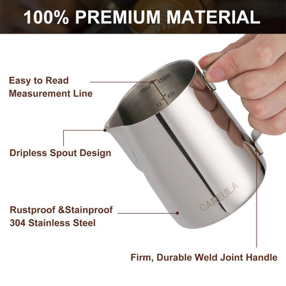 Milk Frothing Pitcher, 15oz Stainless Steel Milk Frother Cup Steaming Pitcher, Coffee Bar Cappuccino Espresso Machine Accessories Barista Tools, Metal Pitcher Milk Jug with Decorating Latte Art Pen