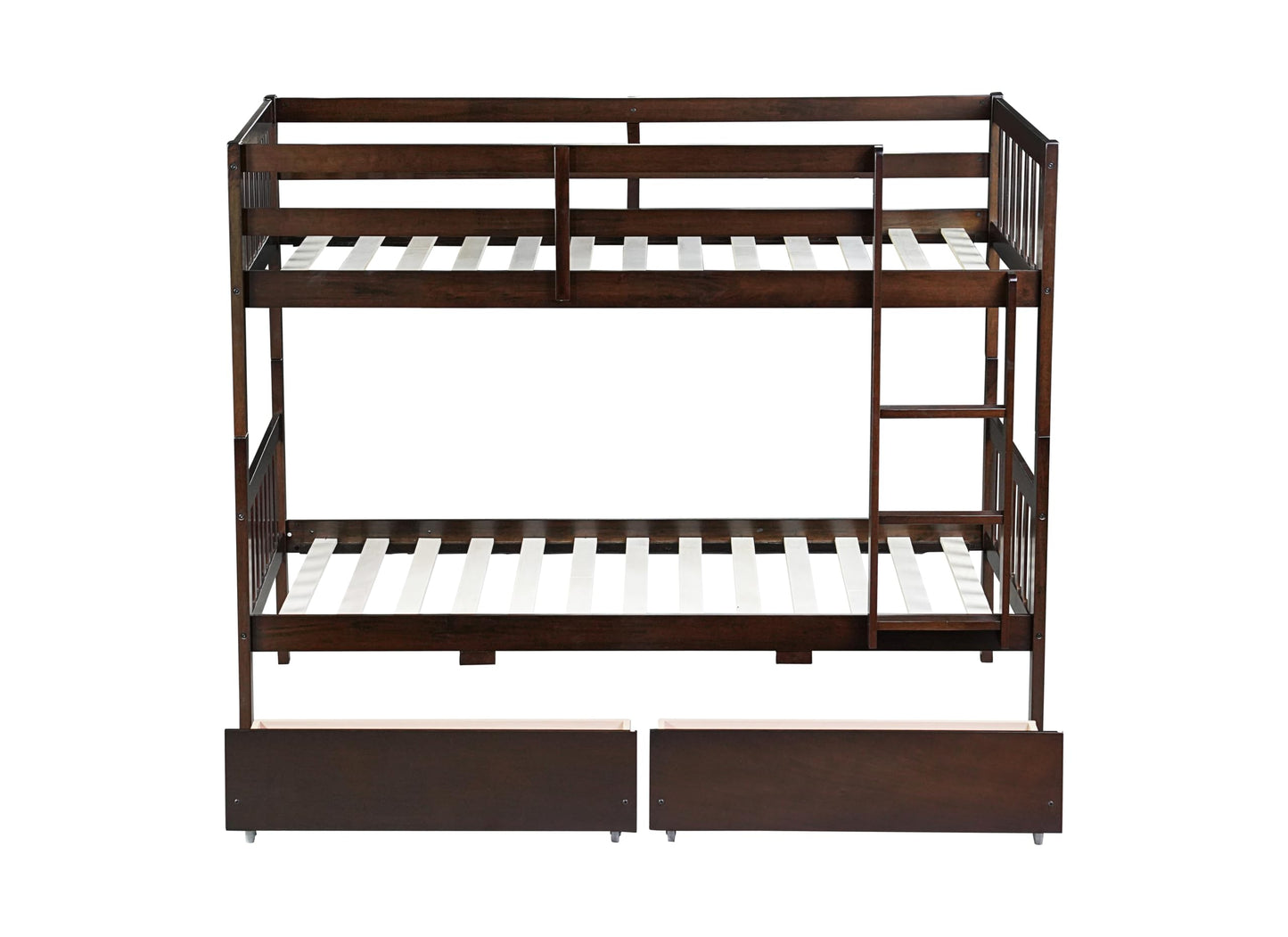 MERITLINE Wood Bunk Bed with Drawers, Convertible Bunk Bed with Ladders and Two Storage Drawers, Solid Wood Detachable Bedframe with Guardrails, Twin Over Twin, Espresso