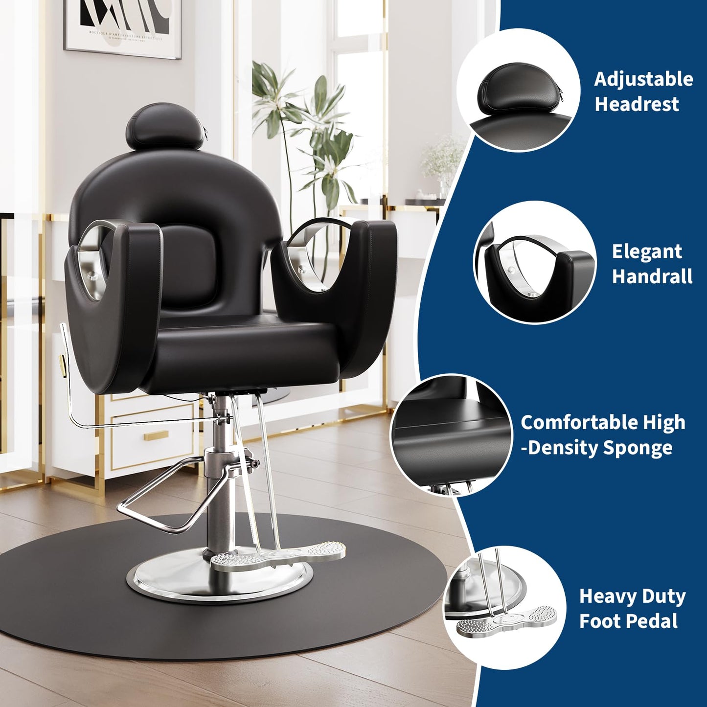GAOMON Reclining Salon Barber Chair, 360 Swivel Styling Braiding Hairdresser Chair Hair Salon Chair with Heavy Duty Hydraulic Pump for Hair Stylist Home Barbershop, Black & Silver
