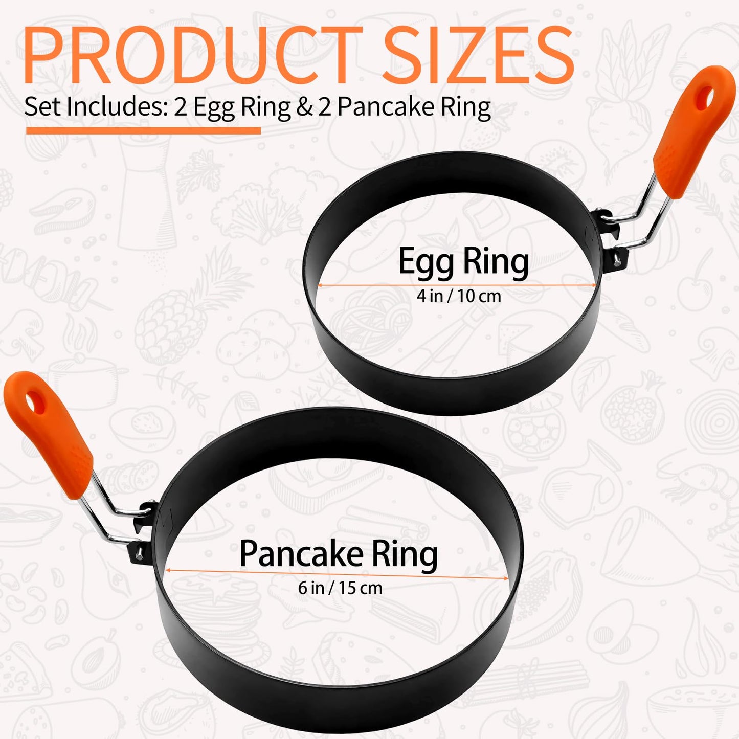 Jibrelxion 4 Pack Professional Egg Ring Set, Stainless Steel Griddle Pancake Shapers, Round Fried Egg Molds with Orange Silicone Handle for Cooking, Breakfast, Omelette and Sandwich, (4,6 Inch)