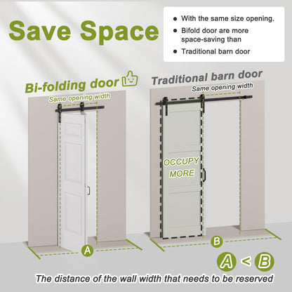 64" x 84" Paintable Bifold Barn Door, No Assembly Required, 1 Panel Bi-Fold Sliding Closet Doors with Hardware Kit Included, 72" Track Kit for 4 Doors, Pre-Drilled Holes, White