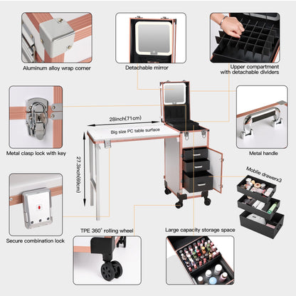 Rolling Portable Manicure Table with 3 Drawers, Lockable Makeup Train Case with Detachable Mirror, Foldable Nail Desk with Wheels & Handle, Mesa de Uñas Profesional para Nail Techs & Salon Use, White