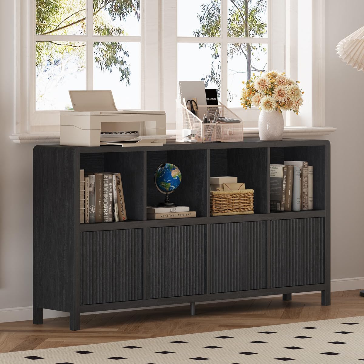 FATORRI 8 Cube Storage Organizer Bookshelf with 4 Doors, Low Horizontal Bookcase with Storage, Long Wood Book Shelf for Dining, Home Office (Black)