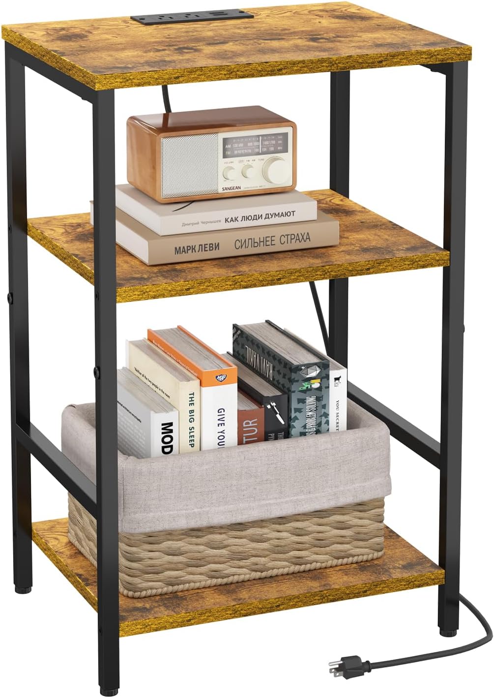 X-cosrack Side Table with Charging Station, End Table with USB Ports and Outlets, Nightstand with Storage Shelves