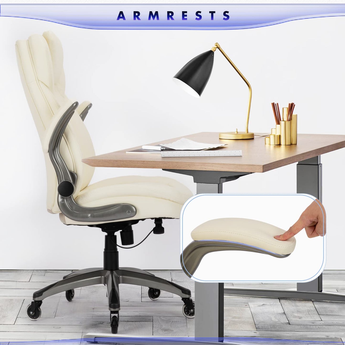 Executive Office Chair-Ergonomic Computer Desk Chair, High Back Leather Chair Swivel Home Office Chair with Upgraded Casters-Ivory, Set of 2