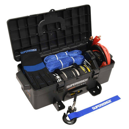 Superwinch 1140232 Winch2Go 12V DC Electric Portable Utility Winch 4000lb(1814.4kg) Single Line Pull with Steel Mounting Plate Integrated Hawse Fairlead 7/32" x 47' Synthetic Rope Handheld Remote